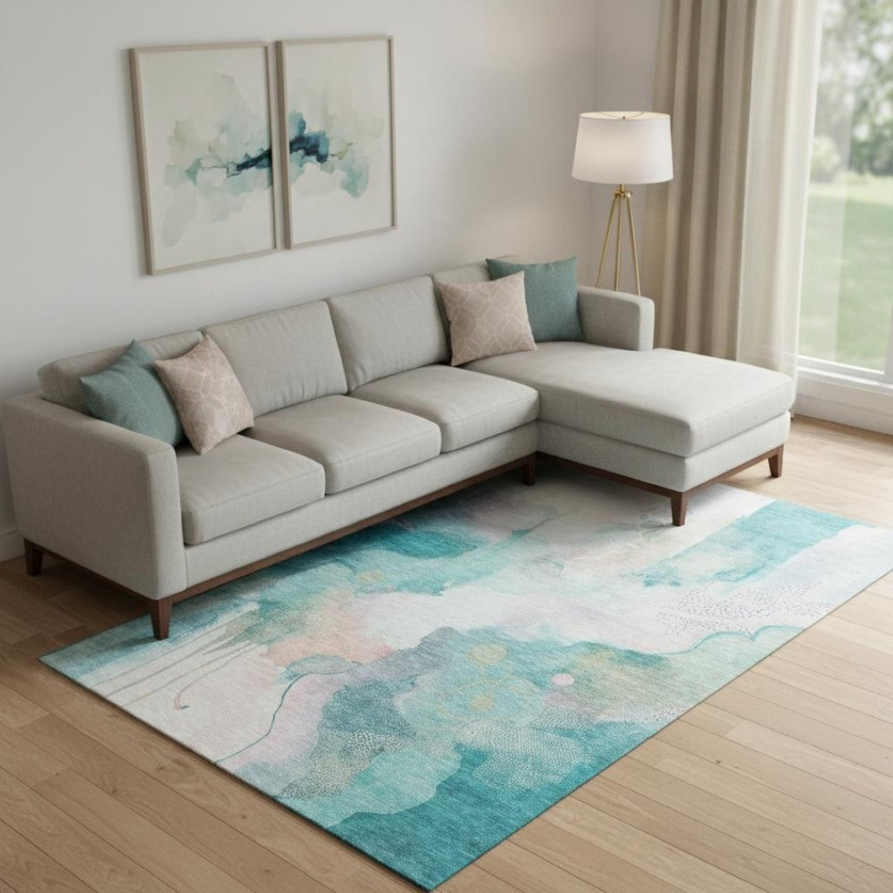 HomeRoots 9' X 12' Turquoise and Ivory Abstract Area Rug - Washable, UV Protected & Durable for High-Traffic Rooms 714798