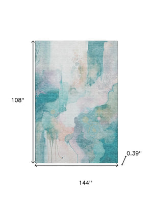 HomeRoots 10' X 14' Turquoise And Ivory Abstract Area Rug - Stain Resistant, UV Protected, Machine Washable! 714799