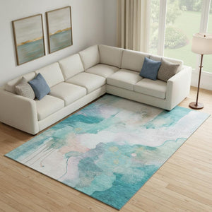 HomeRoots 10' X 14' Turquoise And Ivory Abstract Area Rug - Stain Resistant, UV Protected, Machine Washable! 714799