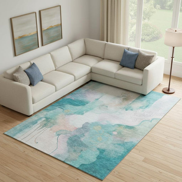 HomeRoots 10' X 14' Turquoise And Ivory Abstract Area Rug - Stain Resistant, UV Protected, Machine Washable! 714799