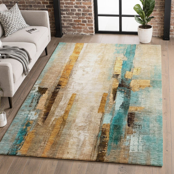 HomeRoots 8' Beige and Teal Contemporary Abstract Washable Round Rug with UV Protection for Easy Care 714802