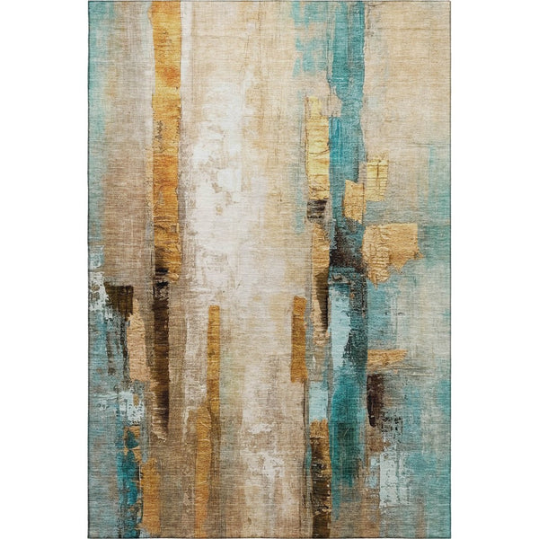 HomeRoots 8' Beige and Teal Contemporary Abstract Washable Round Rug with UV Protection for Easy Care 714802