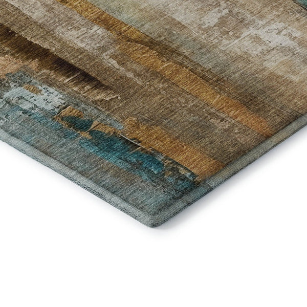 HomeRoots 8' Beige and Teal Contemporary Abstract Washable Round Rug with UV Protection for Easy Care 714802
