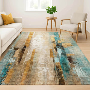 HomeRoots 8' Beige and Teal Contemporary Abstract Washable Round Rug with UV Protection for Easy Care 714802