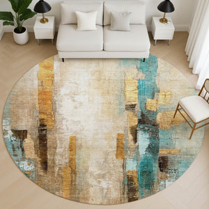 HomeRoots 8' X 10' Washable Area Rug in Beige and Teal - Modern Abstract Design with UV Protection & Durability 714803