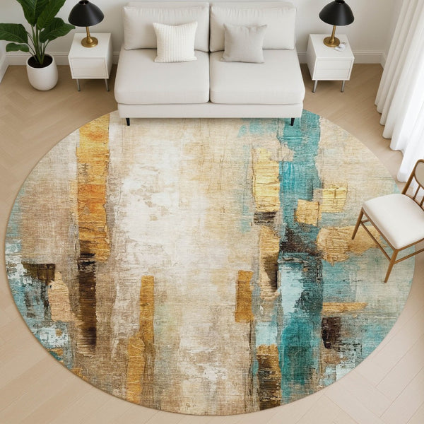 HomeRoots 8' X 10' Washable Area Rug in Beige and Teal - Modern Abstract Design with UV Protection & Durability 714803