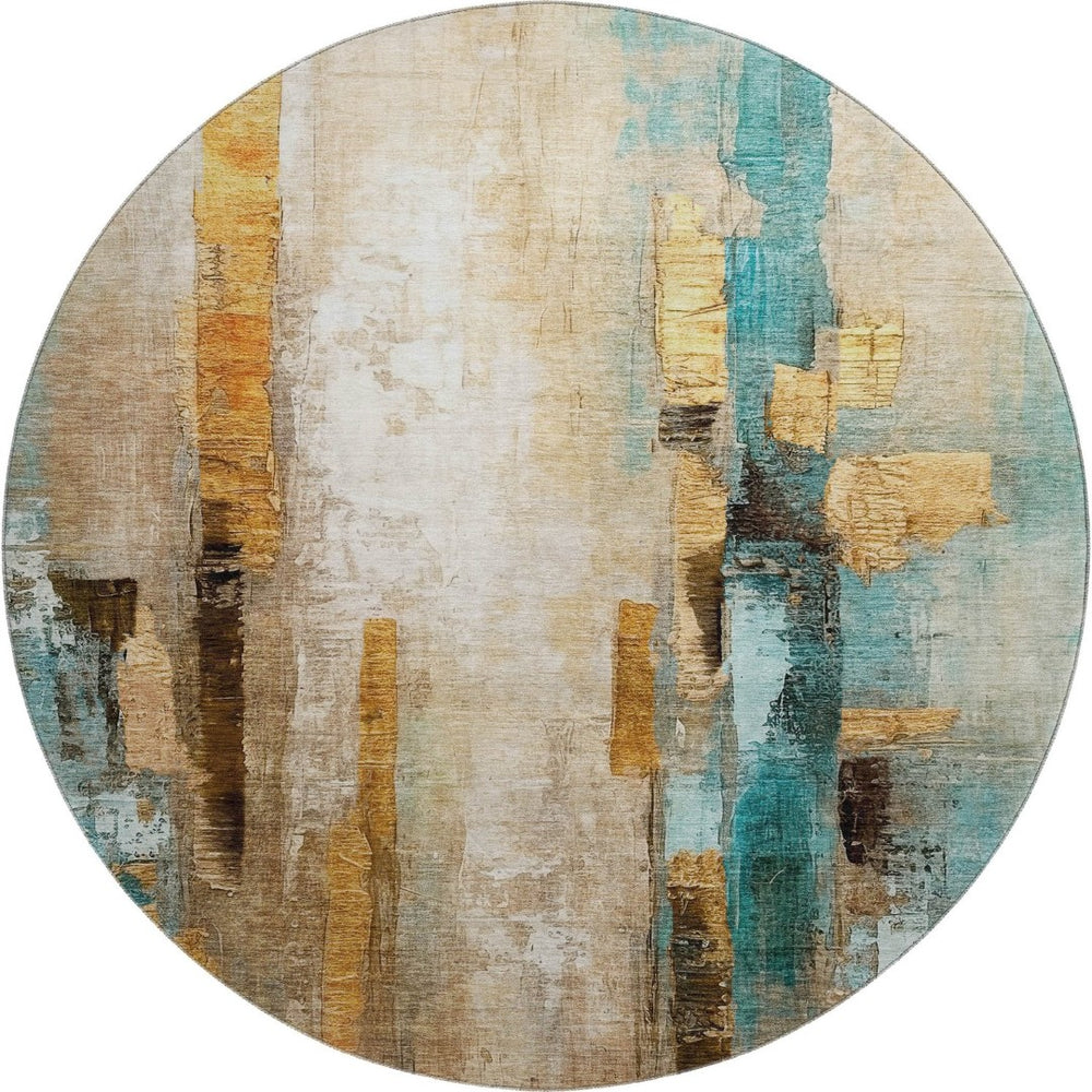 HomeRoots 8' X 10' Washable Area Rug in Beige and Teal - Modern Abstract Design with UV Protection & Durability 714803