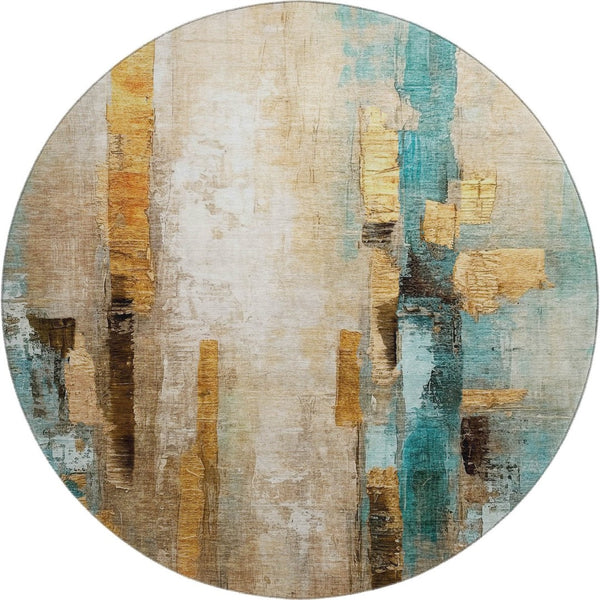HomeRoots 8' X 10' Washable Area Rug in Beige and Teal - Modern Abstract Design with UV Protection & Durability 714803