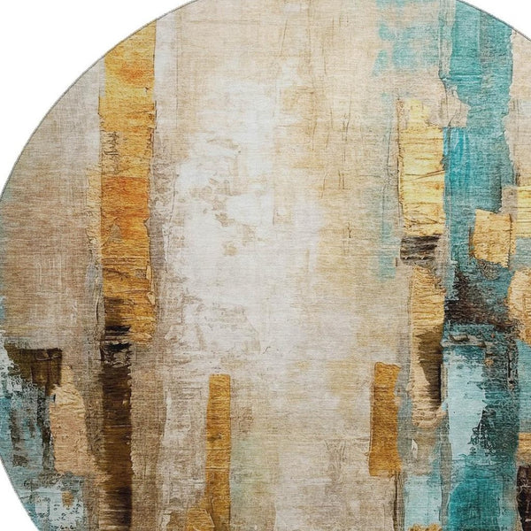 HomeRoots 8' X 10' Washable Area Rug in Beige and Teal - Modern Abstract Design with UV Protection & Durability 714803