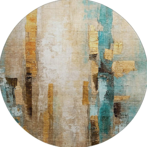 HomeRoots 8' X 10' Washable Area Rug in Beige and Teal - Modern Abstract Design with UV Protection & Durability 714803