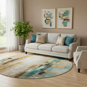 HomeRoots 8' X 10' Washable Area Rug in Beige and Teal - Modern Abstract Design with UV Protection & Durability 714803