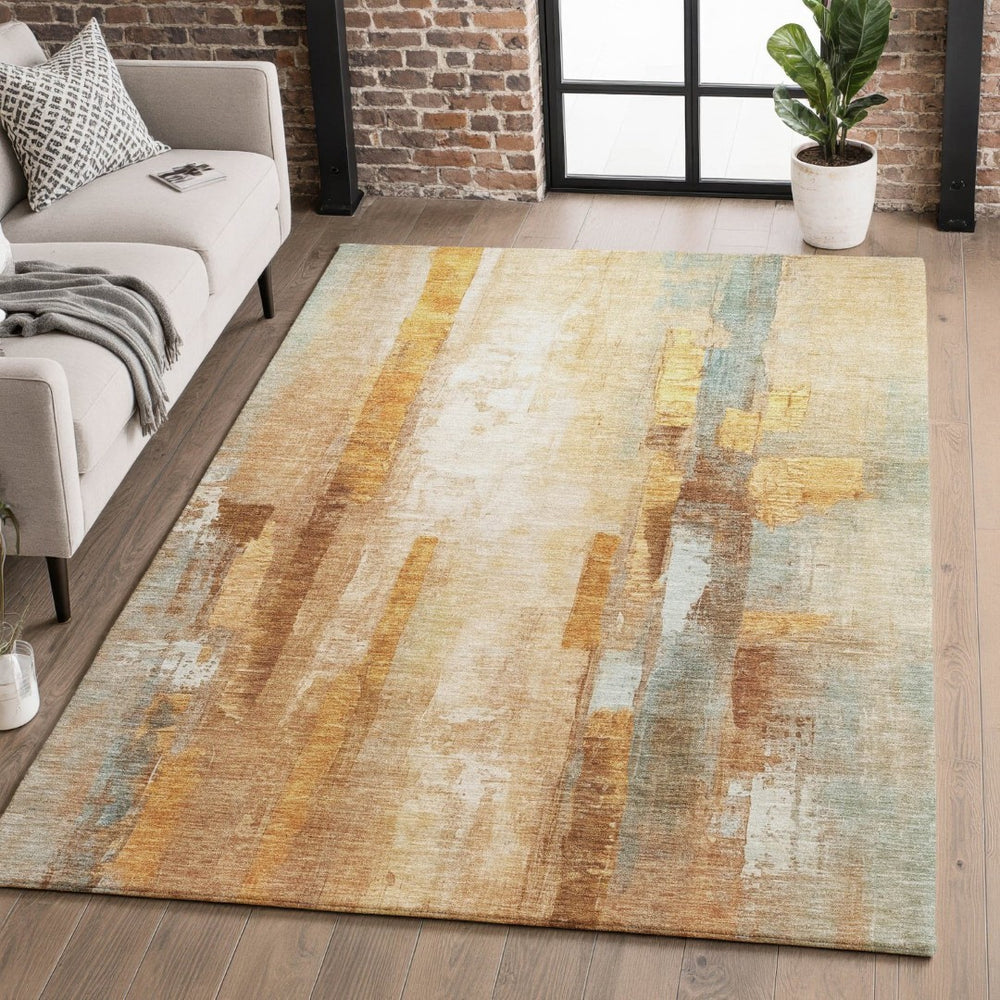 HomeRoots 10' x 14' Copper and Ivory Abstract Area Rug – Washable, UV Protected, Stylish, and Stain Resistant! 714811