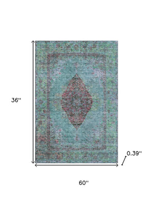 HomeRoots 5' X 8' Aqua & Purple Medallion Washable Area Rug - Durable, Soft, Stain-Resistant with UV Protection 714813
