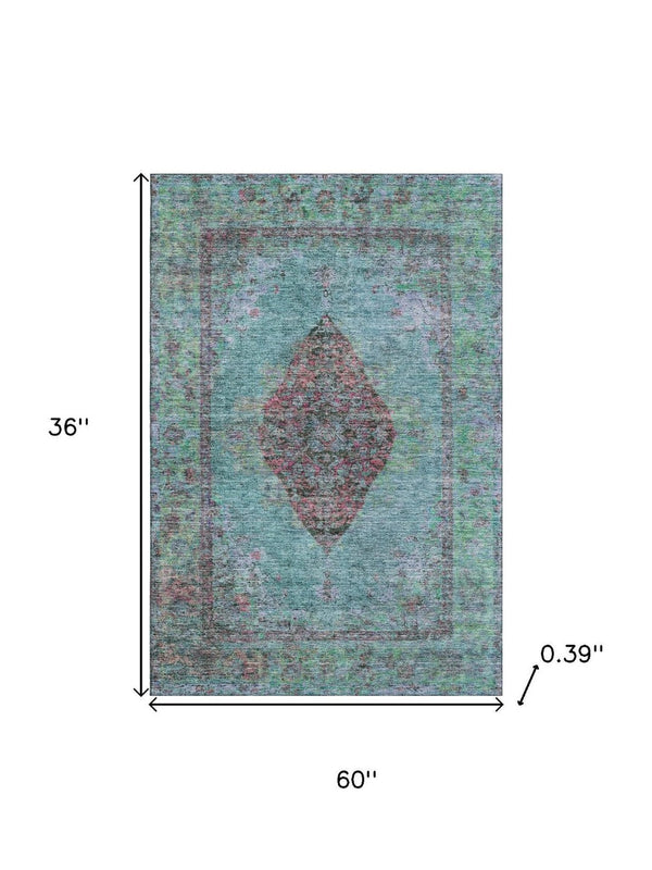 HomeRoots 5' X 8' Aqua & Purple Medallion Washable Area Rug - Durable, Soft, Stain-Resistant with UV Protection 714813