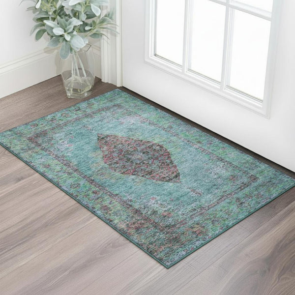 HomeRoots 5' X 8' Aqua & Purple Medallion Washable Area Rug - Durable, Soft, Stain-Resistant with UV Protection 714813