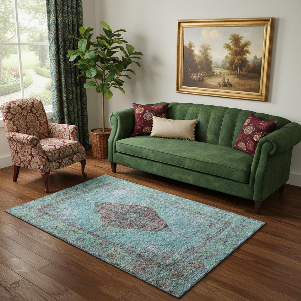 HomeRoots 8' Vibrant Aqua & Purple Medallion Washable Round Rug - UV Protected, Durable & Stylish Accent Piece 714814