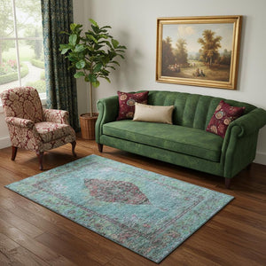 HomeRoots 8' Vibrant Aqua & Purple Medallion Washable Round Rug - UV Protected, Durable & Stylish Accent Piece 714814
