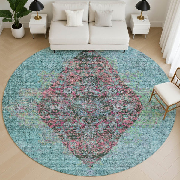 HomeRoots 8' X 10' Vibrant Aqua & Purple Medallion Area Rug - Washable, UV Protected, Stain-Resistant Design! 714815