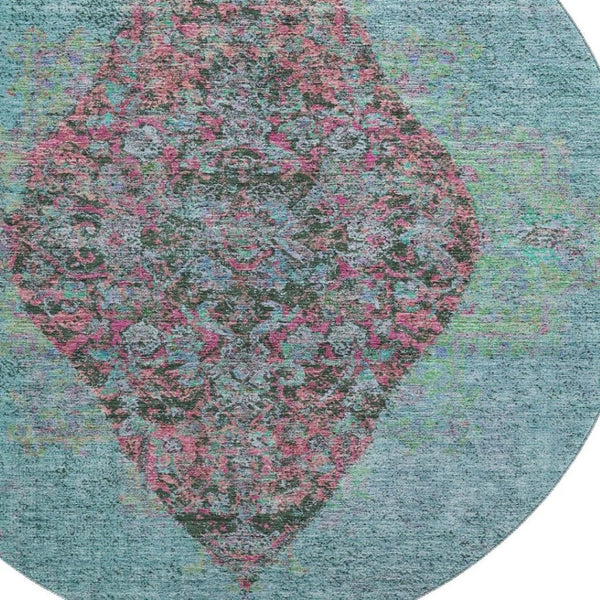 HomeRoots 8' X 10' Vibrant Aqua & Purple Medallion Area Rug - Washable, UV Protected, Stain-Resistant Design! 714815