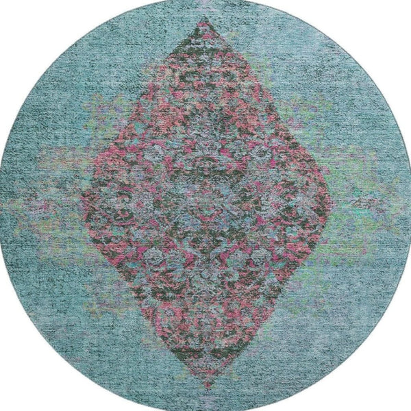 HomeRoots 8' X 10' Vibrant Aqua & Purple Medallion Area Rug - Washable, UV Protected, Stain-Resistant Design! 714815