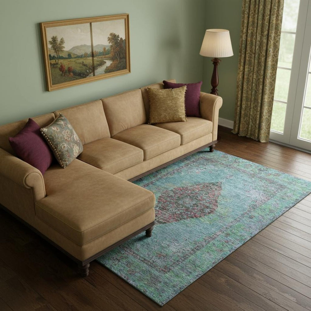 HomeRoots 9' X 12' Vibrant Aqua & Purple Medallion Area Rug – Washable, UV-Protected, Perfect for Kids & Pets! 714816