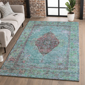 HomeRoots 10' X 14' Washable Aqua & Purple Medallion Area Rug with UV Protection for Stylish, Easy Care Living 714817