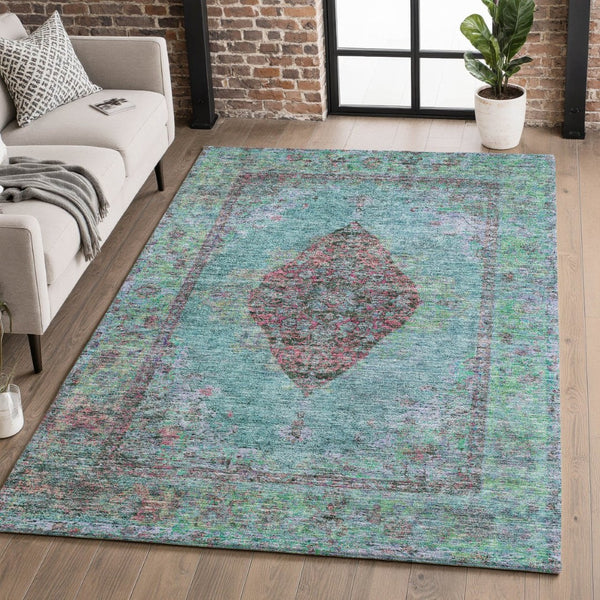 HomeRoots 10' X 14' Washable Aqua & Purple Medallion Area Rug with UV Protection for Stylish, Easy Care Living 714817