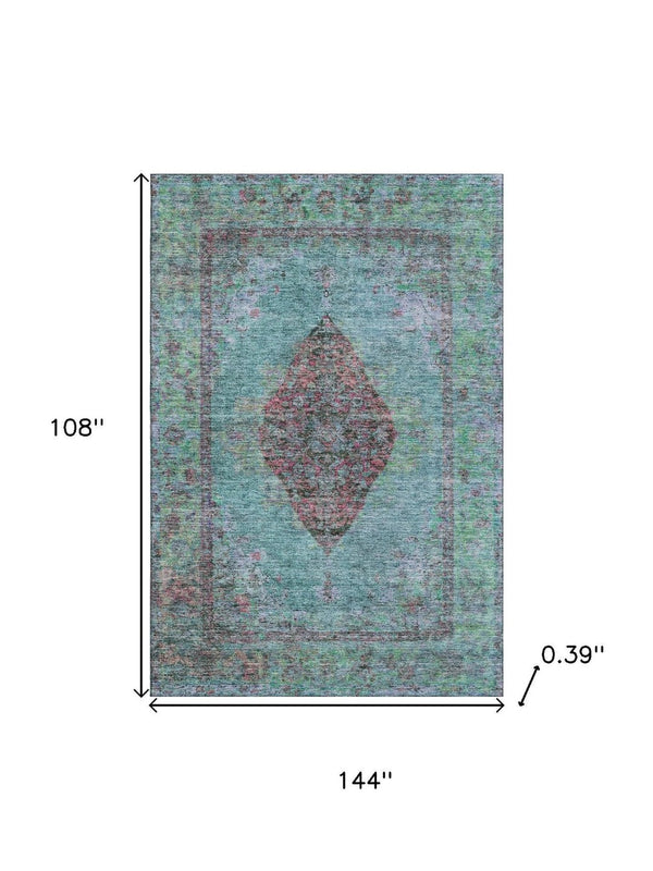 HomeRoots 10' X 14' Washable Aqua & Purple Medallion Area Rug with UV Protection for Stylish, Easy Care Living 714817