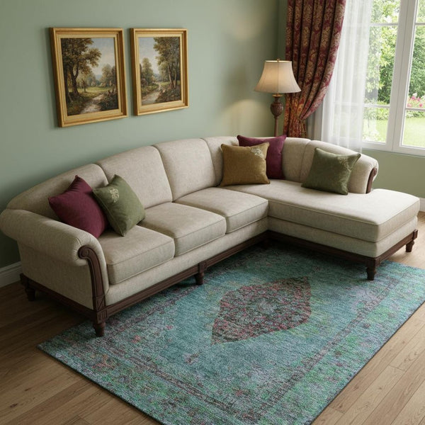 HomeRoots 10' X 14' Washable Aqua & Purple Medallion Area Rug with UV Protection for Stylish, Easy Care Living 714817