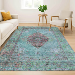 HomeRoots 10' X 14' Washable Aqua & Purple Medallion Area Rug with UV Protection for Stylish, Easy Care Living 714817