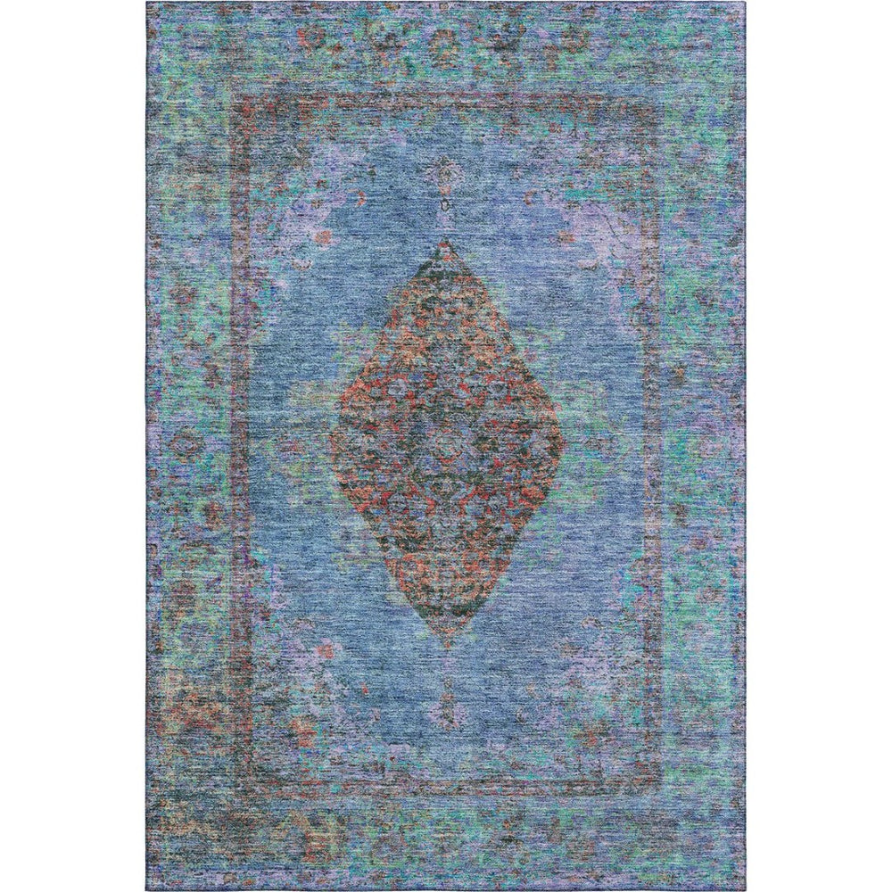 HomeRoots 8' Blue and Rust Medallion Round Rug - Washable, UV-Protected, Durable Accent for Any Space! 714820