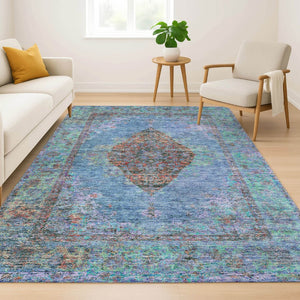 HomeRoots 8' Blue and Rust Medallion Round Rug - Washable, UV-Protected, Durable Accent for Any Space! 714820