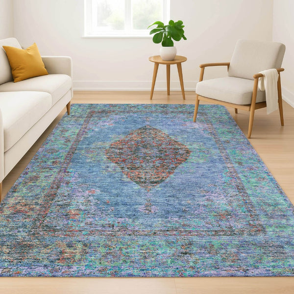 HomeRoots 8' Blue and Rust Medallion Round Rug - Washable, UV-Protected, Durable Accent for Any Space! 714820