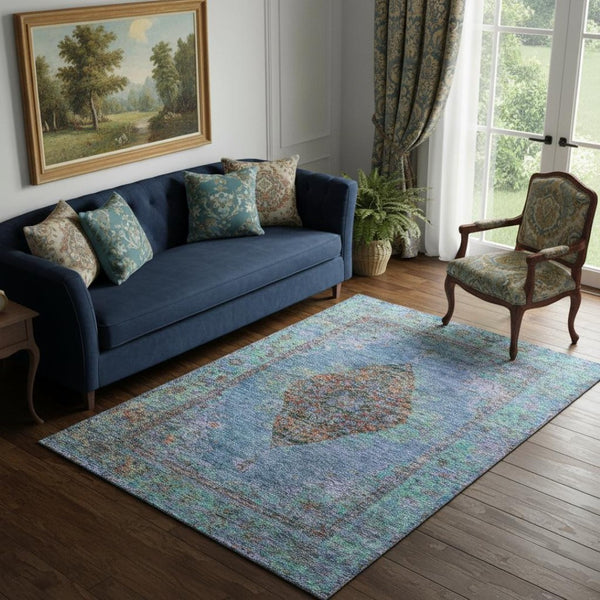 HomeRoots 8' Blue and Rust Medallion Round Rug - Washable, UV-Protected, Durable Accent for Any Space! 714820