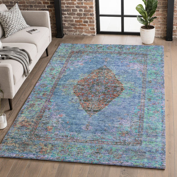 HomeRoots 9' X 12' Blue And Rust Medallion Washable Area Rug - Stain-Resistant, UV-Protected, Durable Elegance 714822