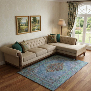 HomeRoots 9' X 12' Blue And Rust Medallion Washable Area Rug - Stain-Resistant, UV-Protected, Durable Elegance 714822