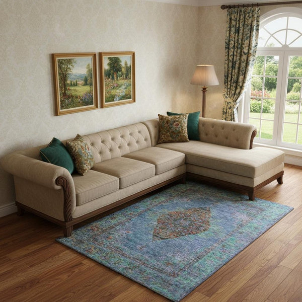 HomeRoots 9' X 12' Blue And Rust Medallion Washable Area Rug - Stain-Resistant, UV-Protected, Durable Elegance 714822