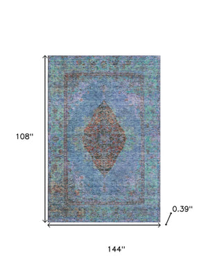 HomeRoots 10' X 14' Washable Area Rug with Blue and Rust Medallion Design, UV Protection & Non-Slip Backing 714823