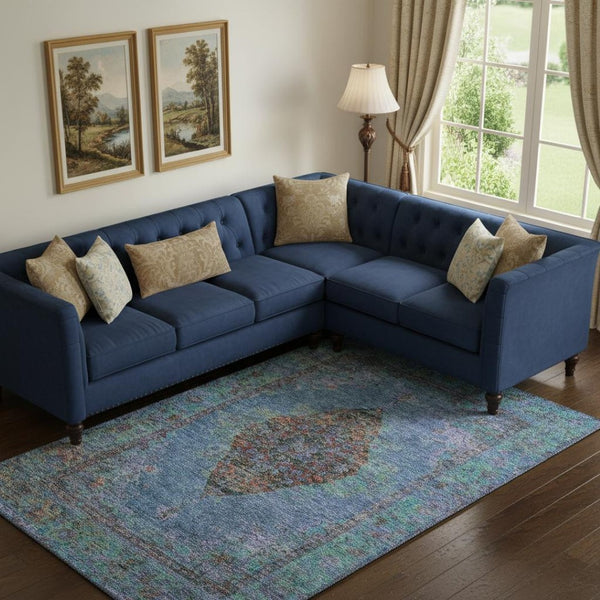 HomeRoots 10' X 14' Washable Area Rug with Blue and Rust Medallion Design, UV Protection & Non-Slip Backing 714823