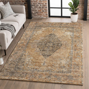HomeRoots 5' X 8' Copper & Brown Medallion Area Rug - Washable, UV Protected, Family-Friendly Home Decor 714825