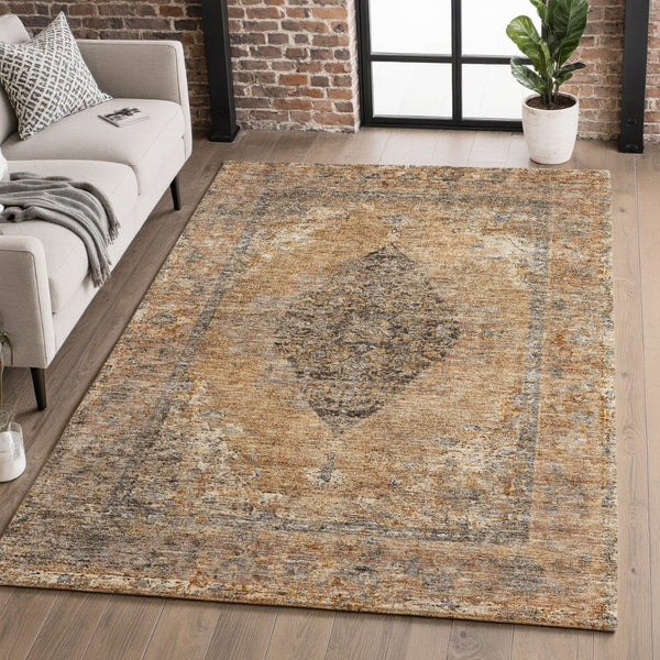 HomeRoots 5' X 8' Copper & Brown Medallion Area Rug - Washable, UV Protected, Family-Friendly Home Decor 714825