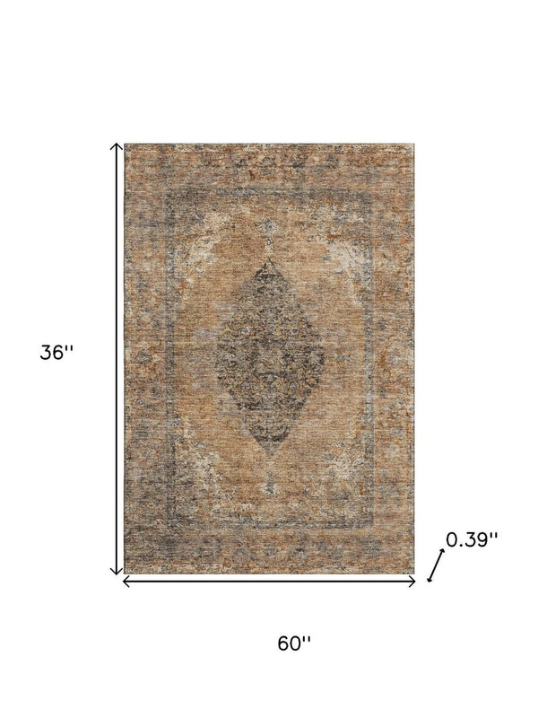 HomeRoots 5' X 8' Copper & Brown Medallion Area Rug - Washable, UV Protected, Family-Friendly Home Decor 714825