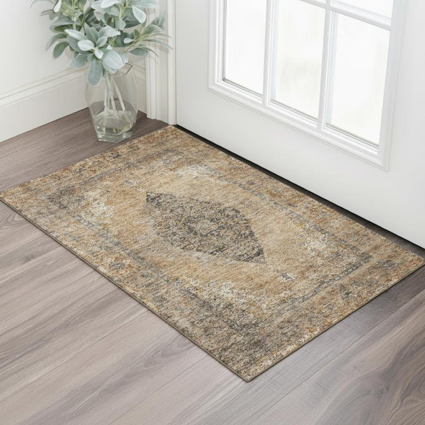 HomeRoots 5' X 8' Copper & Brown Medallion Area Rug - Washable, UV Protected, Family-Friendly Home Decor 714825