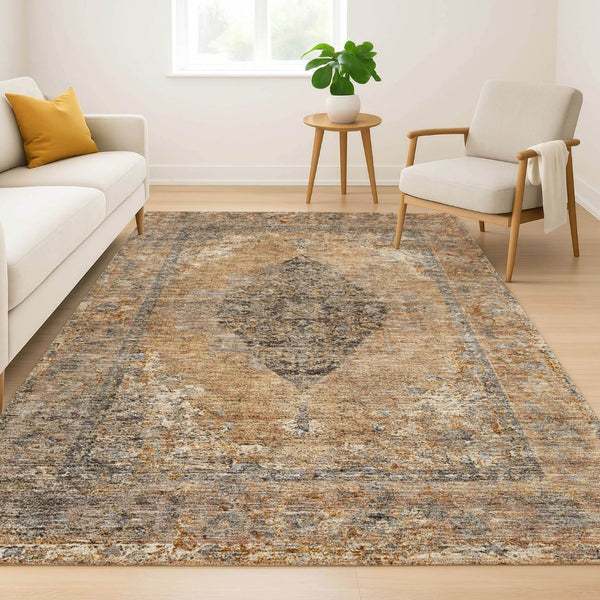 HomeRoots 5' X 8' Copper & Brown Medallion Area Rug - Washable, UV Protected, Family-Friendly Home Decor 714825