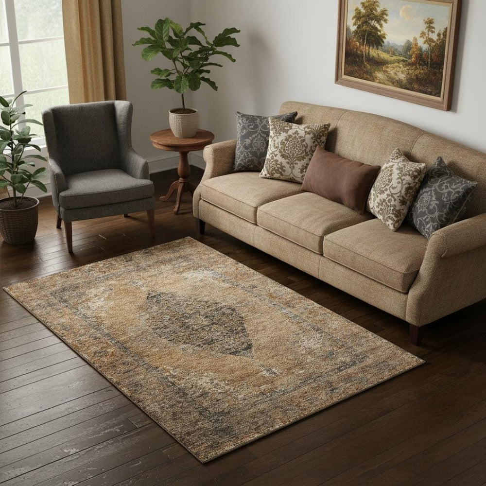 HomeRoots 8' Copper Medallion Washable Round Rug – UV Protected, Stain Resistant, Perfect for High-Traffic Homes 714826
