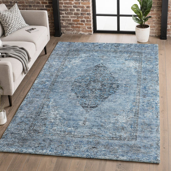 HomeRoots 5' X 8' Denim Blue Medallion Area Rug - Machine Washable, Stain-Resistant, UV Protected for Homes 714831