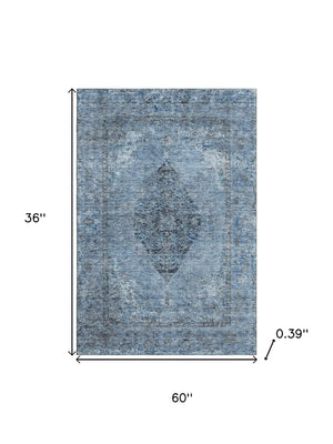 HomeRoots 5' X 8' Denim Blue Medallion Area Rug - Machine Washable, Stain-Resistant, UV Protected for Homes 714831
