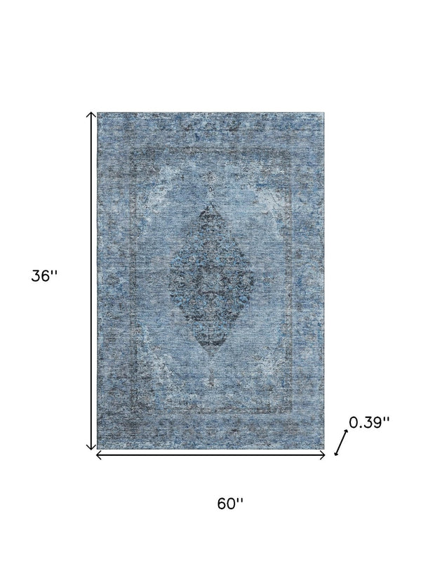 HomeRoots 5' X 8' Denim Blue Medallion Area Rug - Machine Washable, Stain-Resistant, UV Protected for Homes 714831