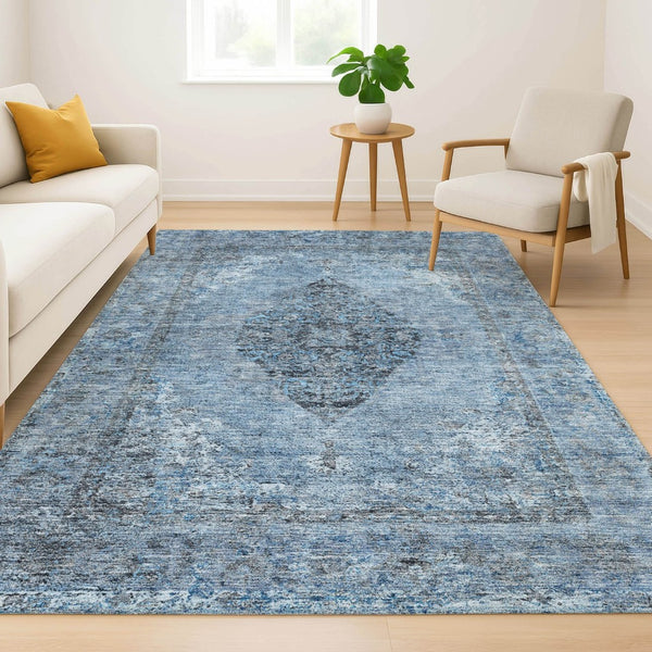HomeRoots 5' X 8' Denim Blue Medallion Area Rug - Machine Washable, Stain-Resistant, UV Protected for Homes 714831