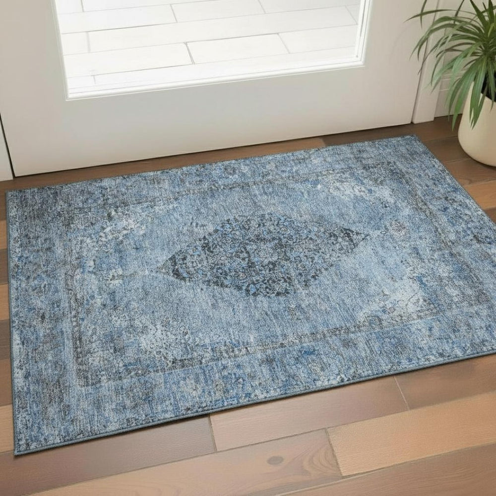 HomeRoots 5' X 8' Denim Blue Medallion Area Rug - Machine Washable, Stain-Resistant, UV Protected for Homes 714831